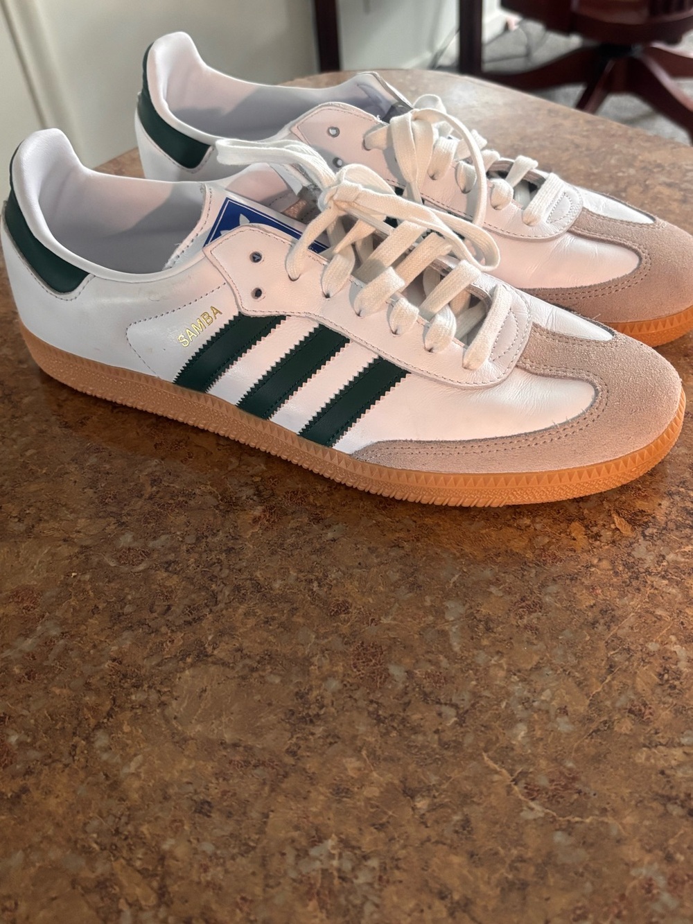adidas Samba Sneakers in White with Green Stripes and Gum Sole